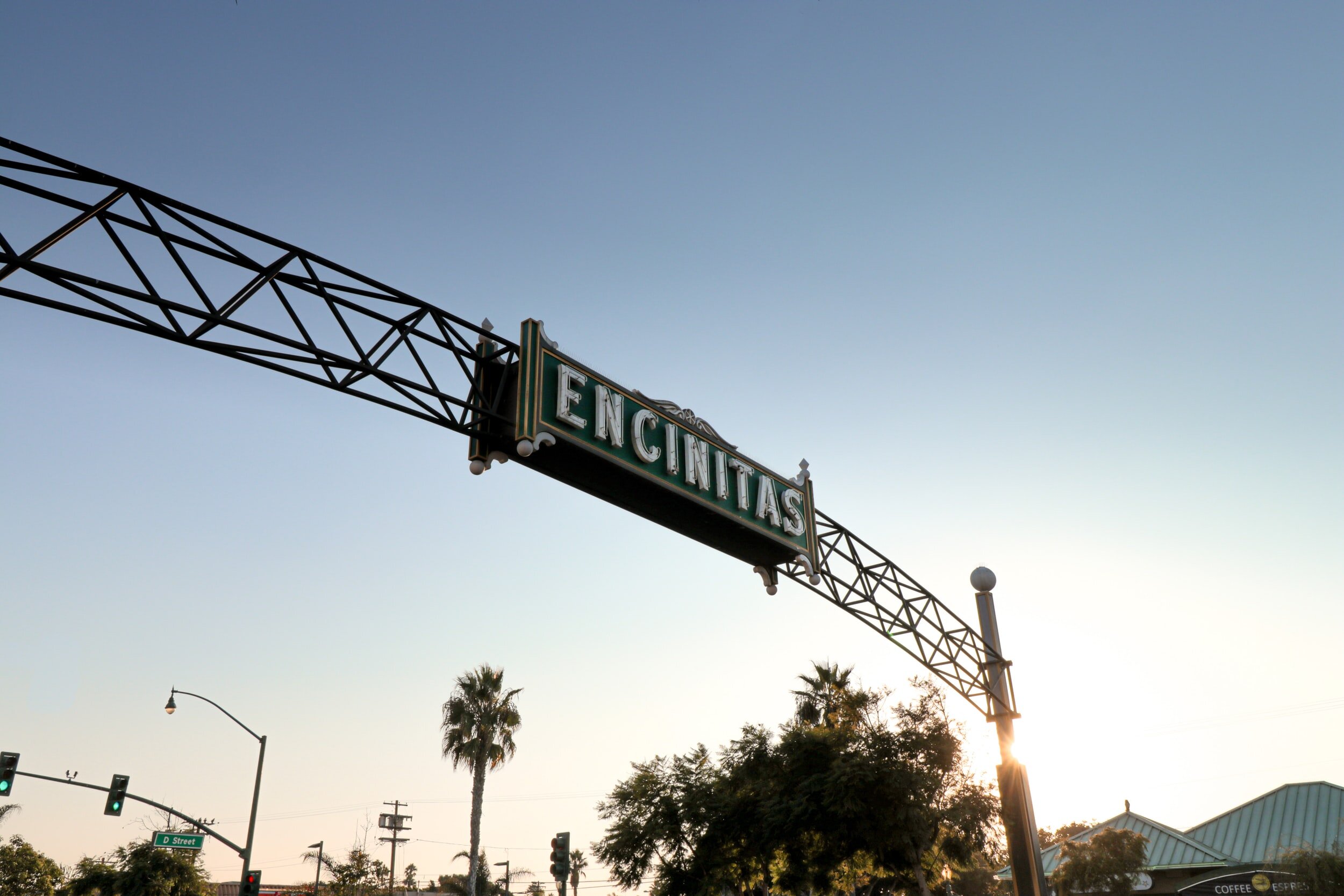The landmark Encinitas sign over Coast Highway in downtown Encinitas, California